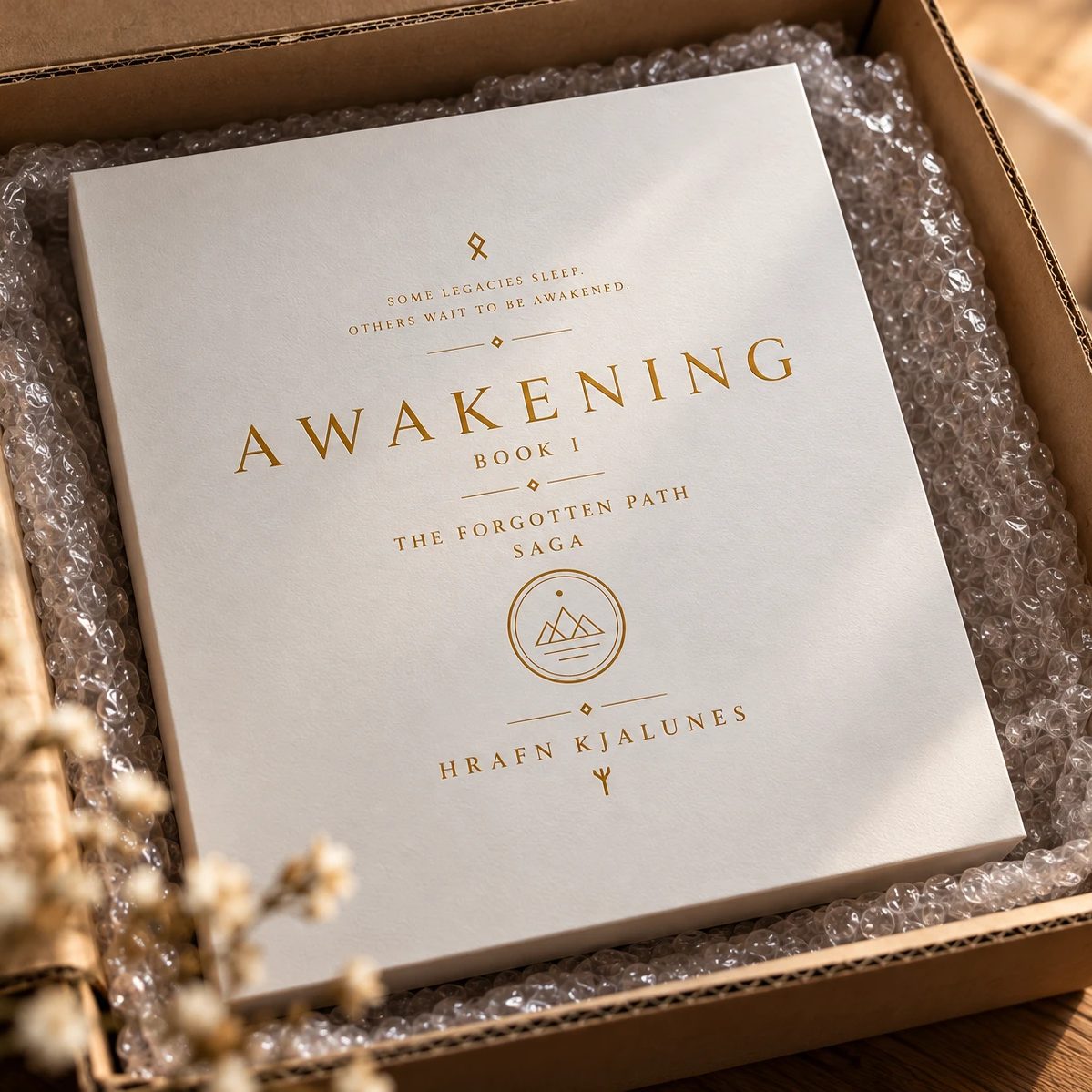 A copy of Awakening, Book One – The Forgotten Path Saga, unboxed in bubble wrap: a white cover with gold lettering and a mountain emblem.