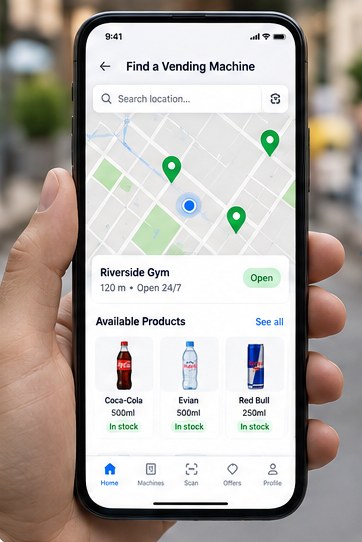 Customer app: a map of nearby vending machines and the products in stock at one location.