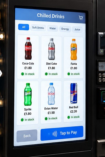 Vending machine touchscreen listing chilled drinks with in-stock labels.