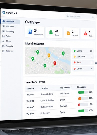 Retailer dashboard with machine status counts, a location map and inventory levels.