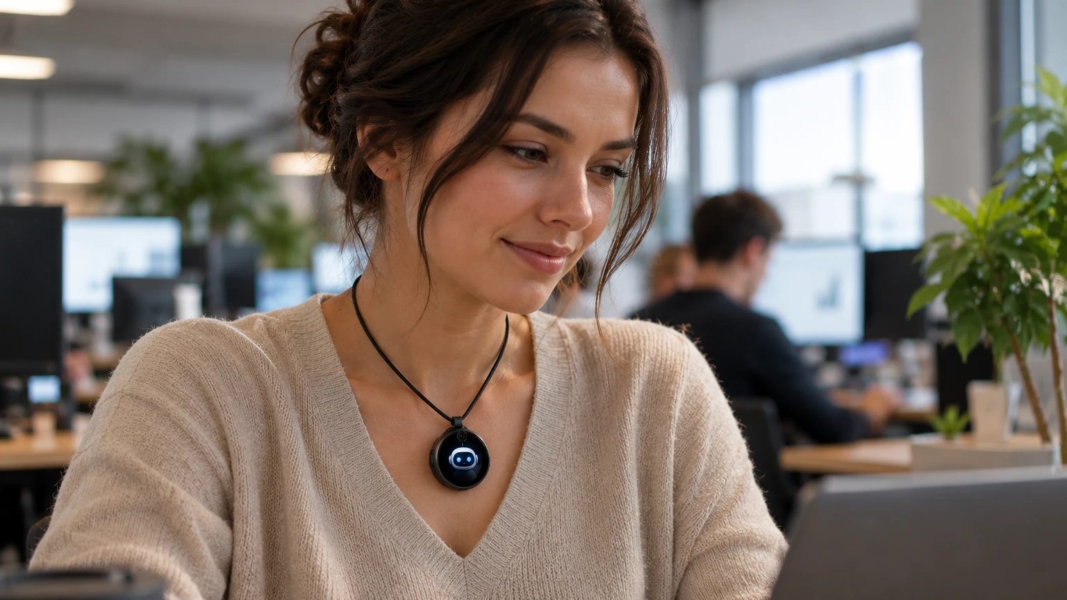 A woman working at a laptop in an open-plan office, wearing Freyja as a pendant. Its small round screen shows a friendly robot face.